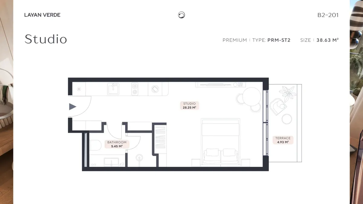 Photo: B2 201 Studio type PRM ST2 (38.63 m²) f12ade5727. Landscape image 3840x2160. Readable text: ou LAYAN VERDE Oo B2201 Na Studio PREMIUM Photo: B2 201 Studio type PRM ST2 (38.63 m²) f12ade5727. Landscape image 3840x2160. Readable text: ou LAYAN VERDE Oo B2201 Na Studio PREMIUM