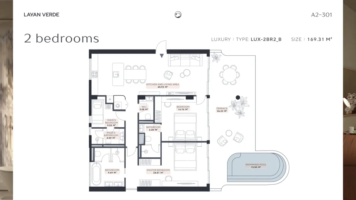 Photo: A2 301 2 bedroom apartment type LUX 2BR2 B (169.31 m²) cd0ce3f3c9. Landscape image 1920x1080. Readable text: LAYAN VERDE (o) A2-301 2 Photo: A2 301 2 bedroom apartment type LUX 2BR2 B (169.31 m²) cd0ce3f3c9. Landscape image 1920x1080. Readable text: LAYAN VERDE (o) A2-301 2