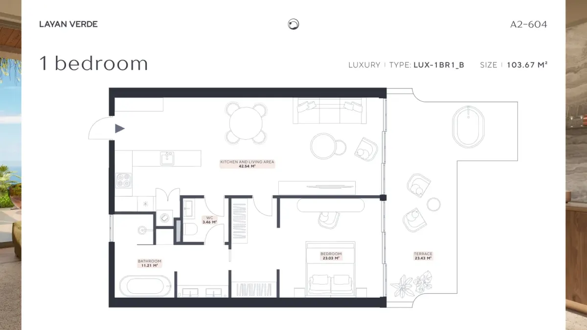 Планировка апартаментов Layan Verde A2-604, 1 спальня, тип LUX-1BR1_B, площадь 103,67 м² Планировка апартаментов Layan Verde A2-604, 1 спальня, тип LUX-1BR1_B, площадь 103,67 м²