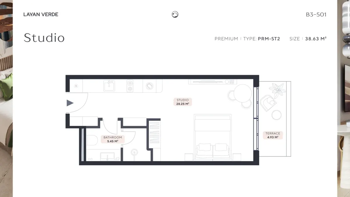 Планировка студии B3-501 Laan Verde, тип PRM-ST2 площадью около 38,6 м² с террасой и санузлом Планировка студии B3-501 Laan Verde, тип PRM-ST2 площадью около 38,6 м² с террасой и санузлом