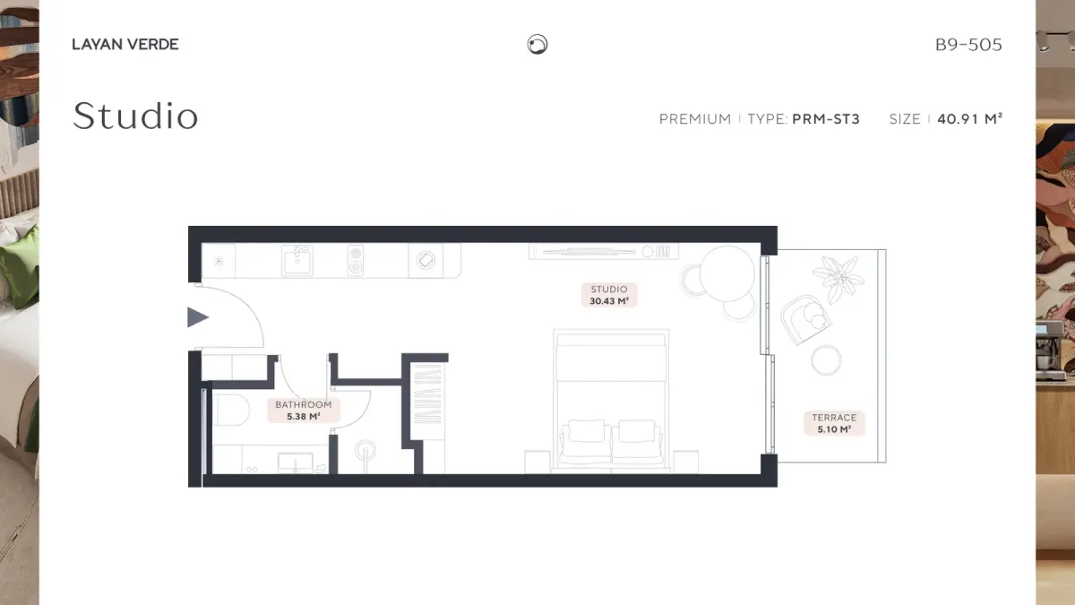 План студии B9-505 Layan Verde, тип PRM-ST3, площадь около 40,9 м²