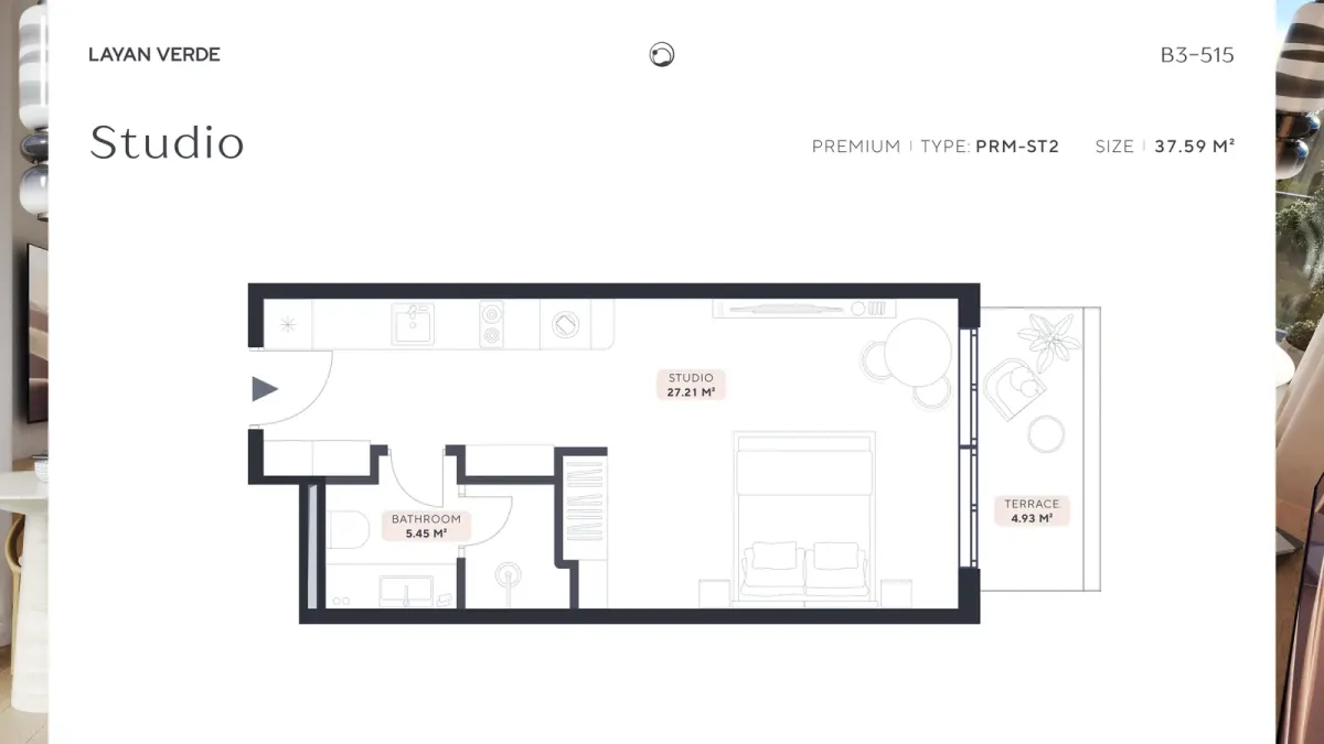 Планировка студии Layan Verde B3-515 типа PRM-ST2 площадью 37,59 м² как пример зарубежного объекта Планировка студии Layan Verde B3-515 типа PRM-ST2 площадью 37,59 м² как пример зарубежного объекта